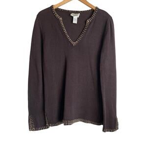 Neimen Marcus Women Tunic Sweater L Brown Embroider Trim Boho Retro Hippie Beach